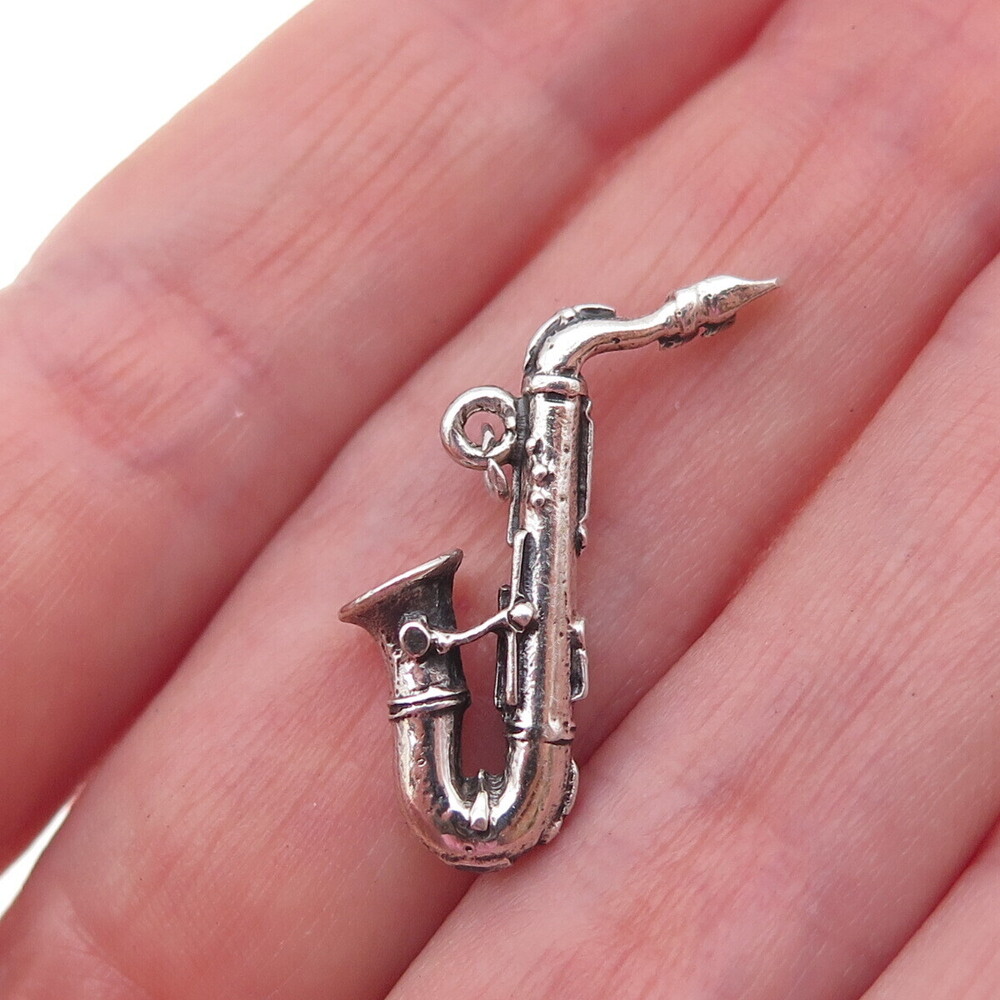 925 Sterling Silver Antique Art Deco Saxophone Oxidized 3D Charm Pendant